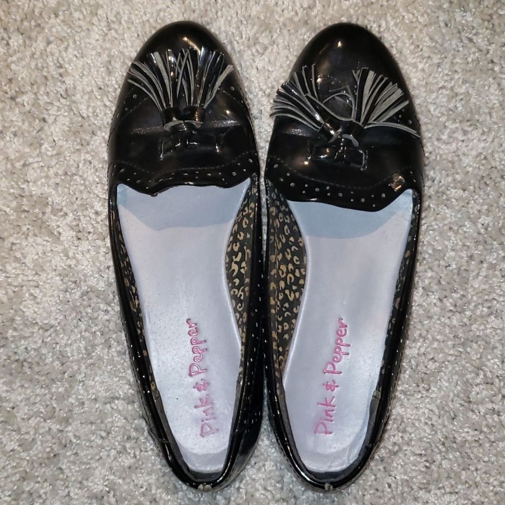 Black Tassel Leather Loafer Flats